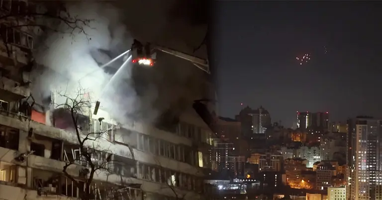 হামলায় ক্ষতিগ্রস্ত একটি ভবন ও মিসাইল নিক্ষেপের দৃশ্য